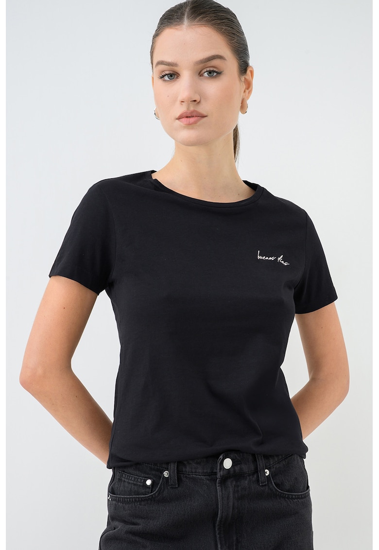 Tricou de bumbac cu decolteu la baza gatului Elove - Negru