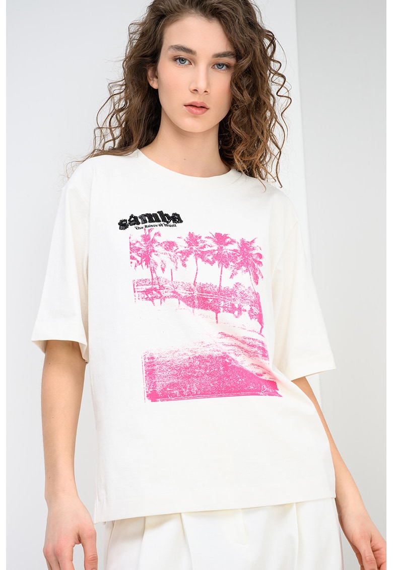 Tricou lejer de bumbac cu decolteu la baza gatului Eregular - Fucsia/Crem