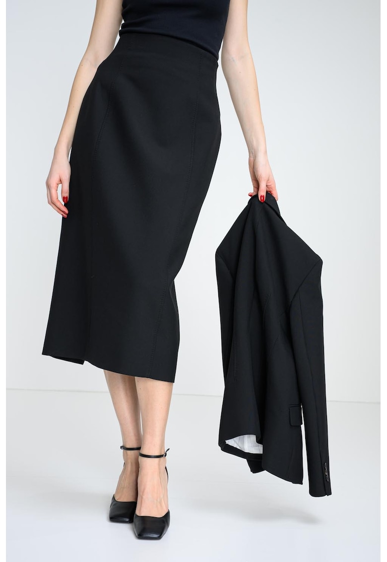 Fusta midi cu slit pe partea din spate si talie inalta - Negru