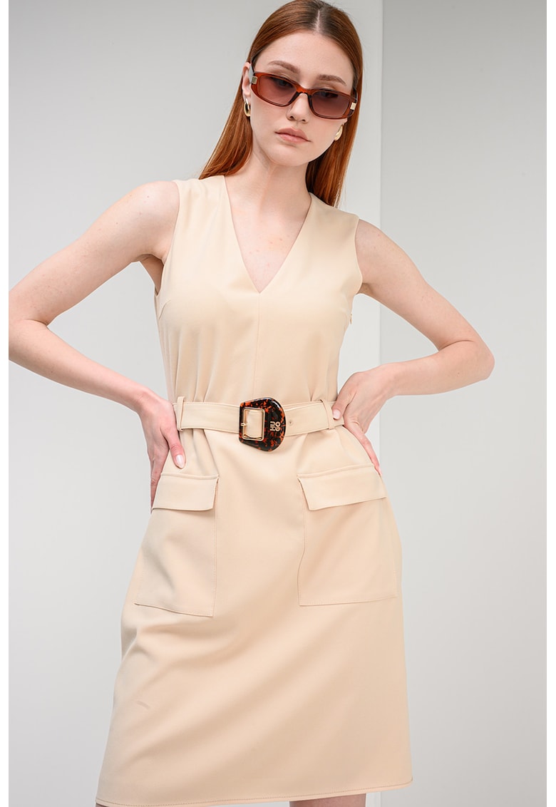 Rochie mini cu croiala dreapta si buzunare supradimensionate cu clapa Kanda - Bej