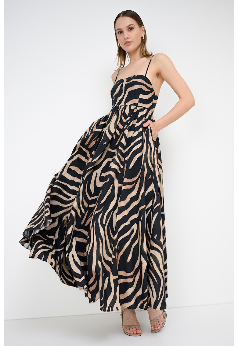 Rochie maxi cu buzunare Kumare - Negru/Maro camel