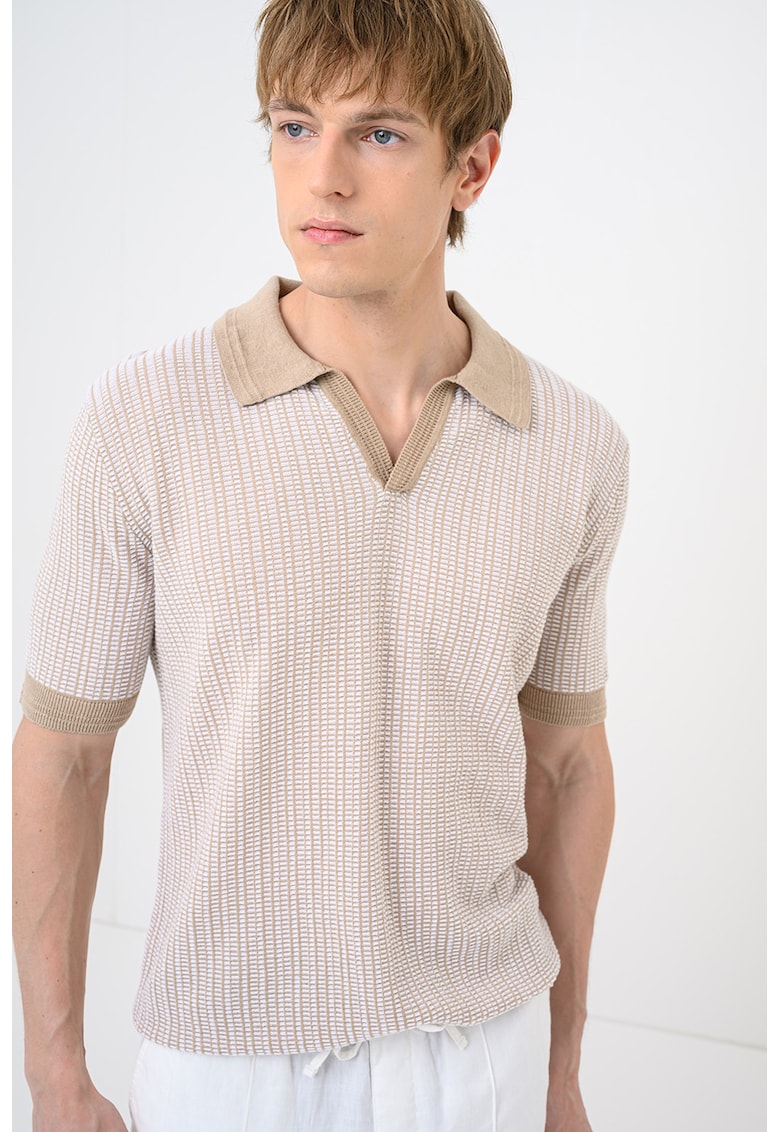 Tricou polo din amestec de in Seeroy - Alb/Maro camel