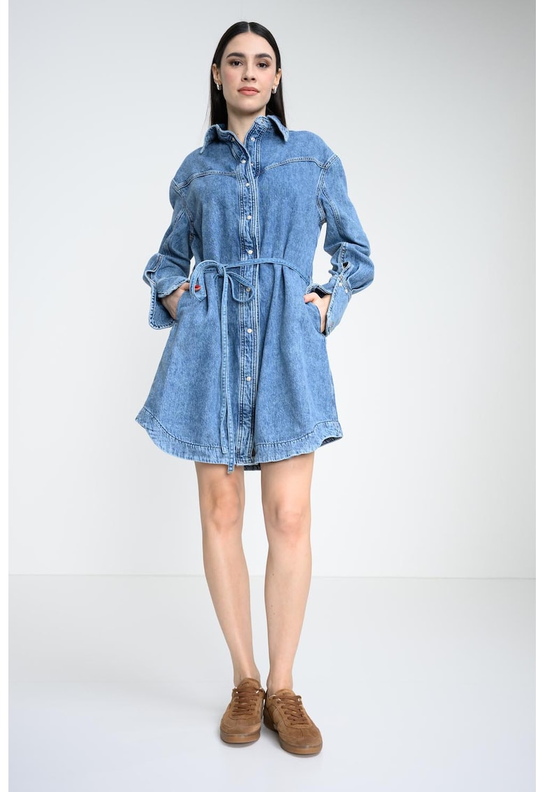 Rochie-camasa din denim cu cordon in talie si buzunare laterale - Albastru melange