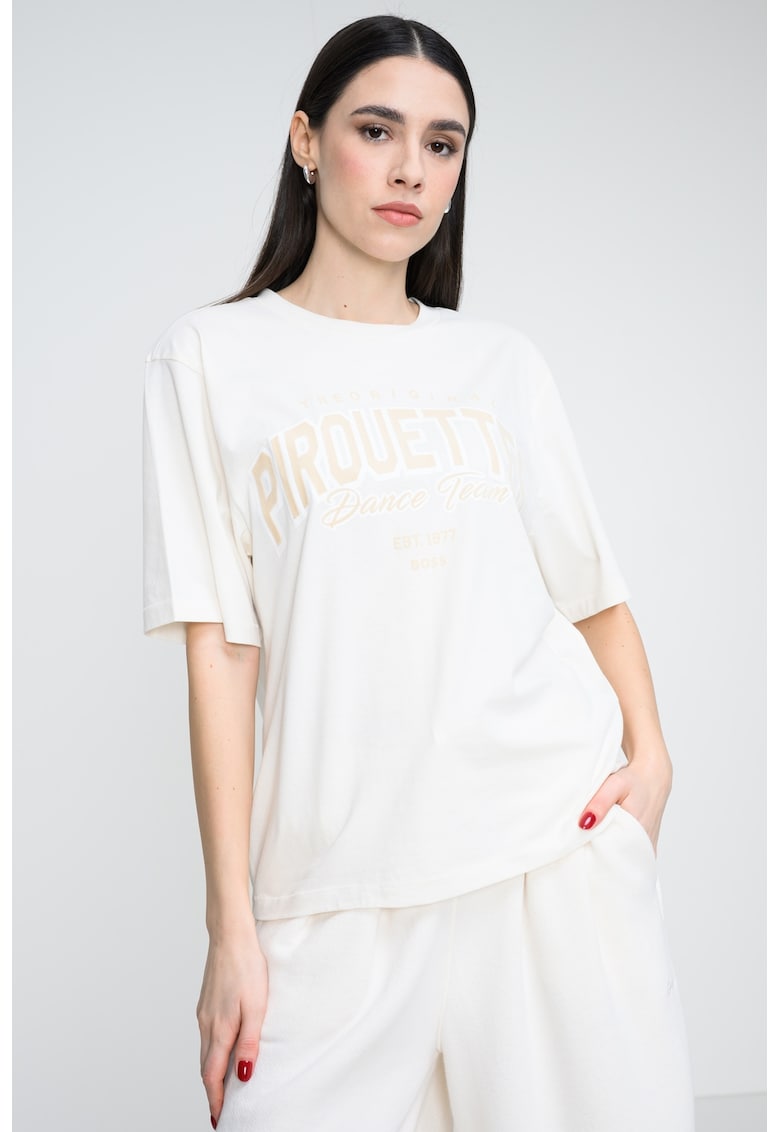 Tricou lejer cu imprimeu text pe partea din fata - Alb fildes