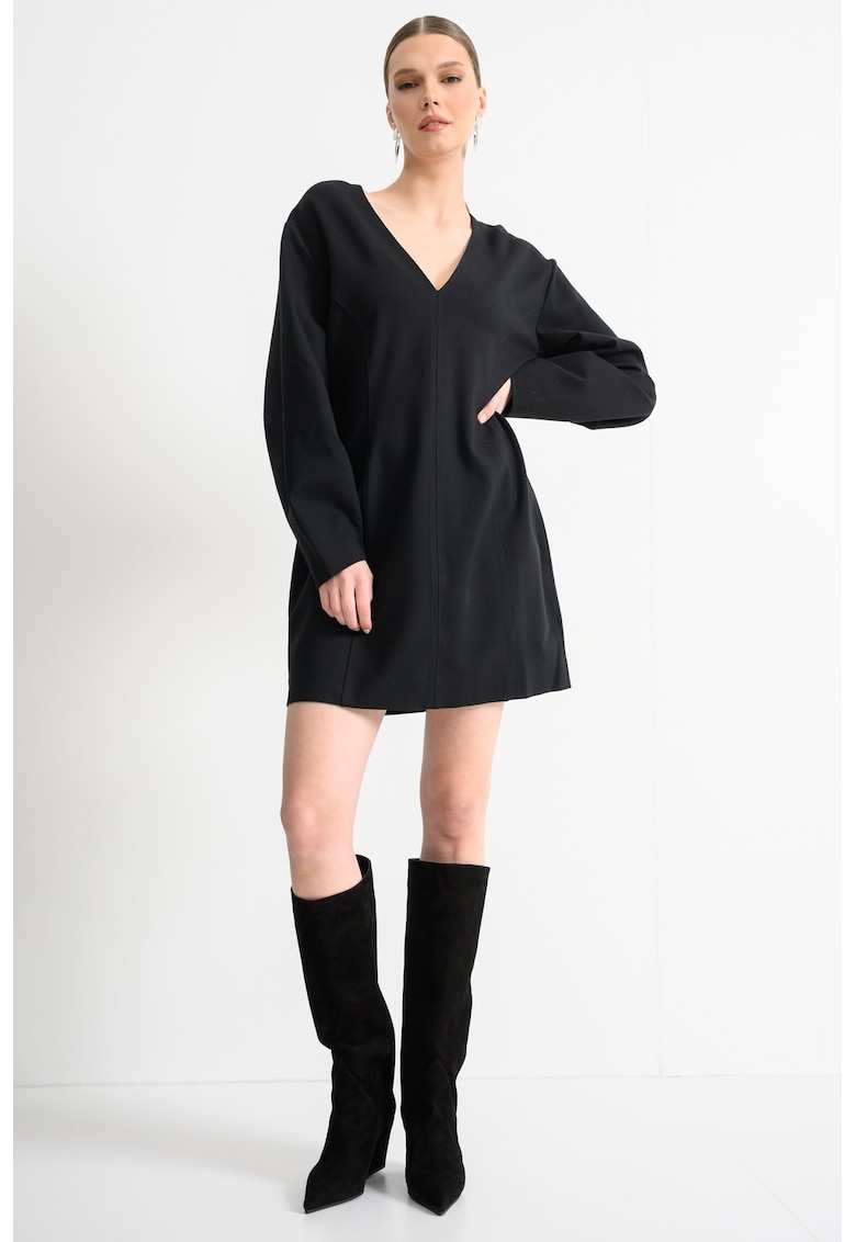 Rochie cu maneci lungi si decolteu in V - Negru