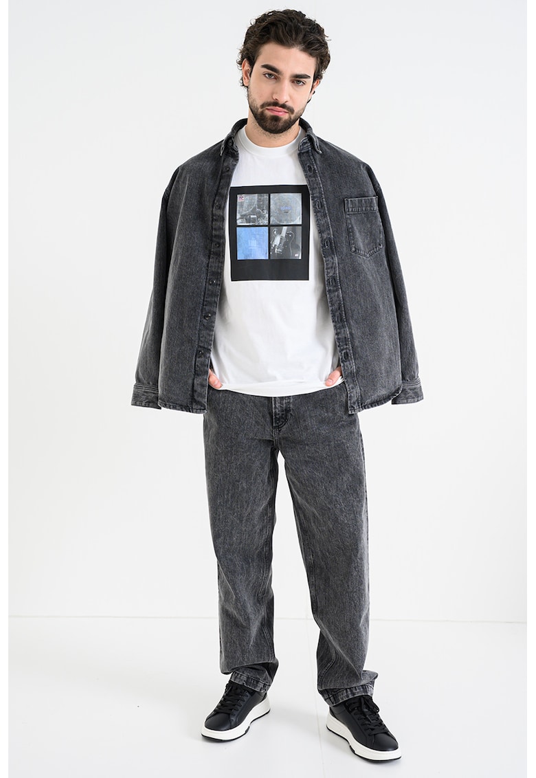 Tricou cu decolteu la baza gatului si imprimeu foto - Negru/Alb optic/Gri inchis