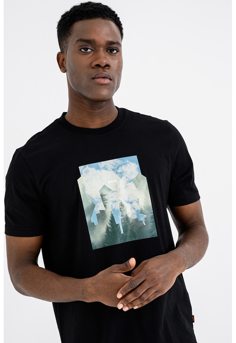 Tricou cu decolteu la baza gatului si imprimeu foto - Negru/Albastru lavanda/Verde feriga