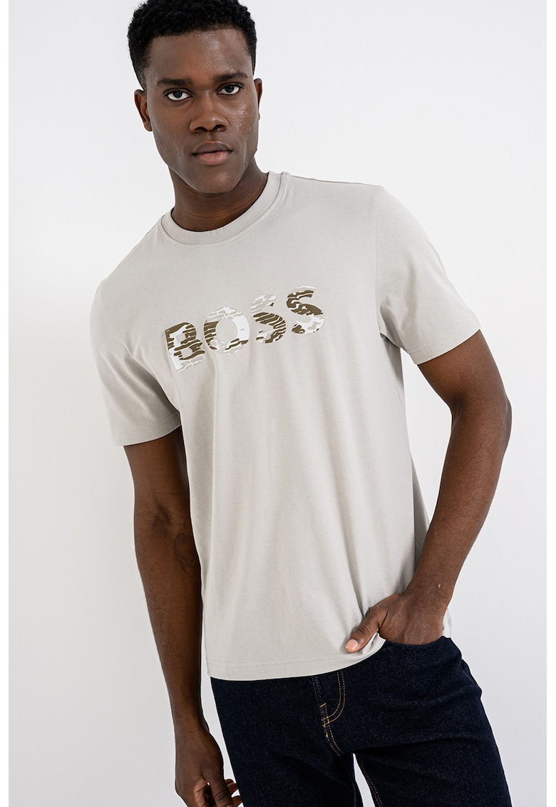 Tricou de bumbac cu imprimeu logo - Maro nisip