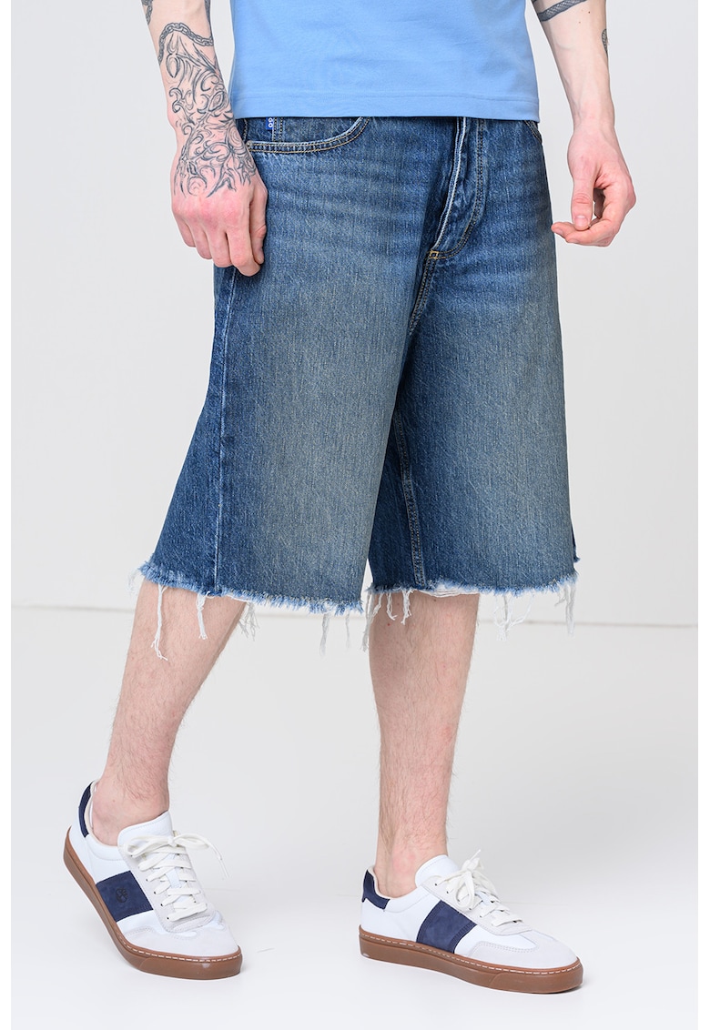 Bermude relaxed fit de denim cu margini nefinisate - Albastru melange