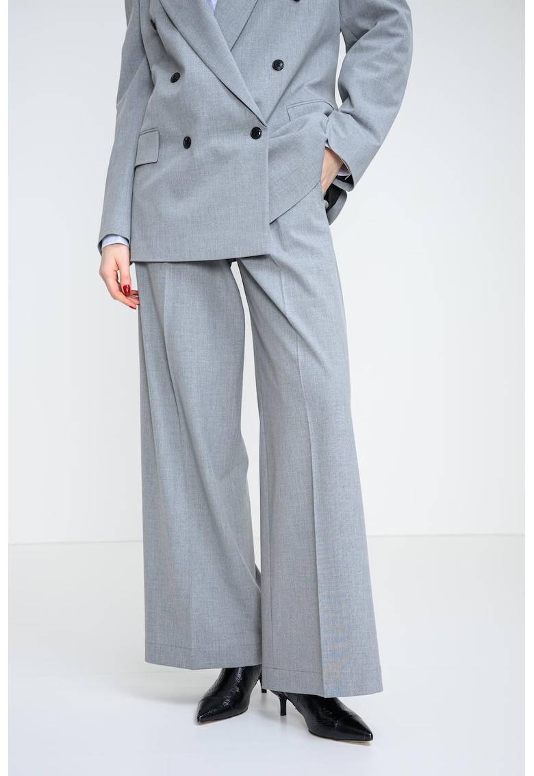 Pantaloni eleganti cu croiala ampla - pensa si cordon in talie - Gri melange