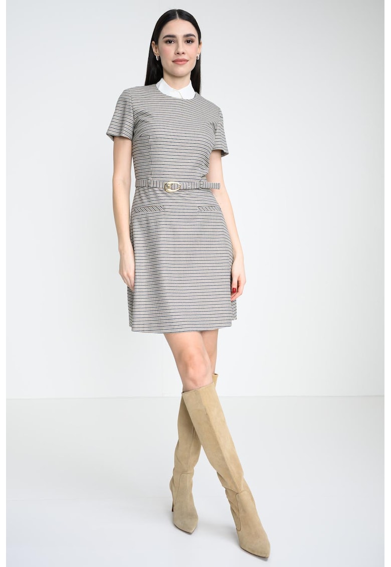 Rochie scurta cu model - Alb fildes/Negru/Maro deschis