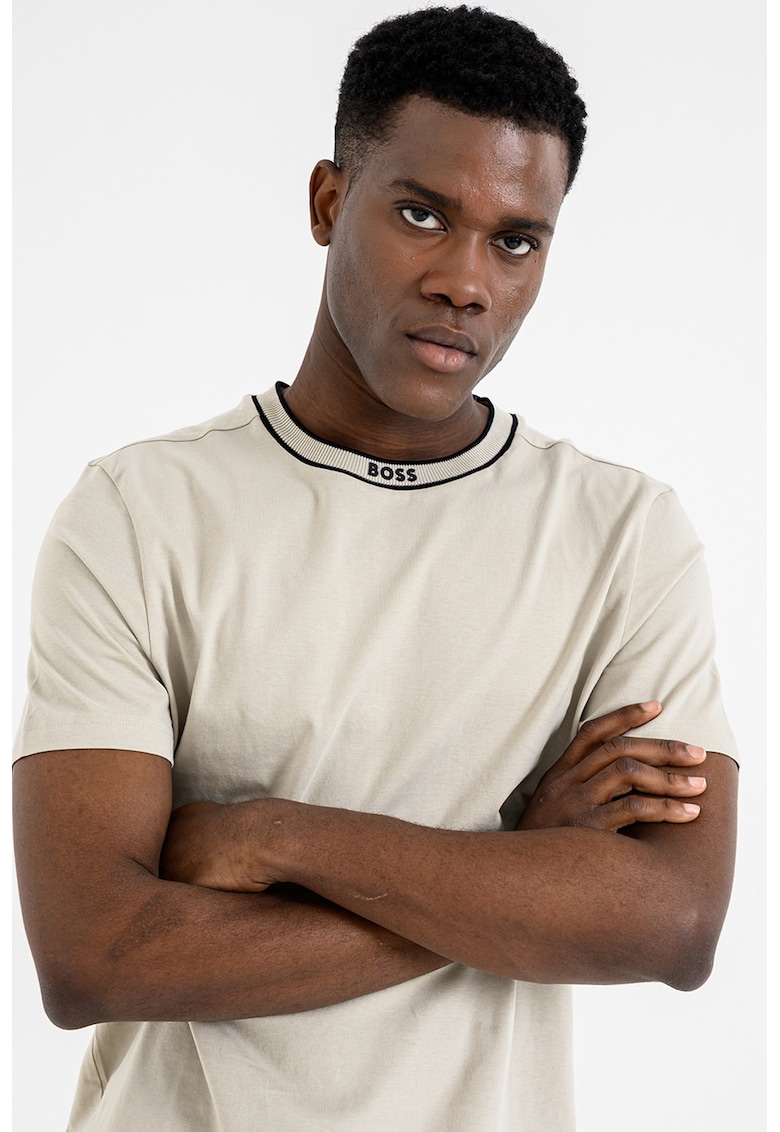 Tricou uni de bumbac cu decolteu la baza gatului - Negru/Bej