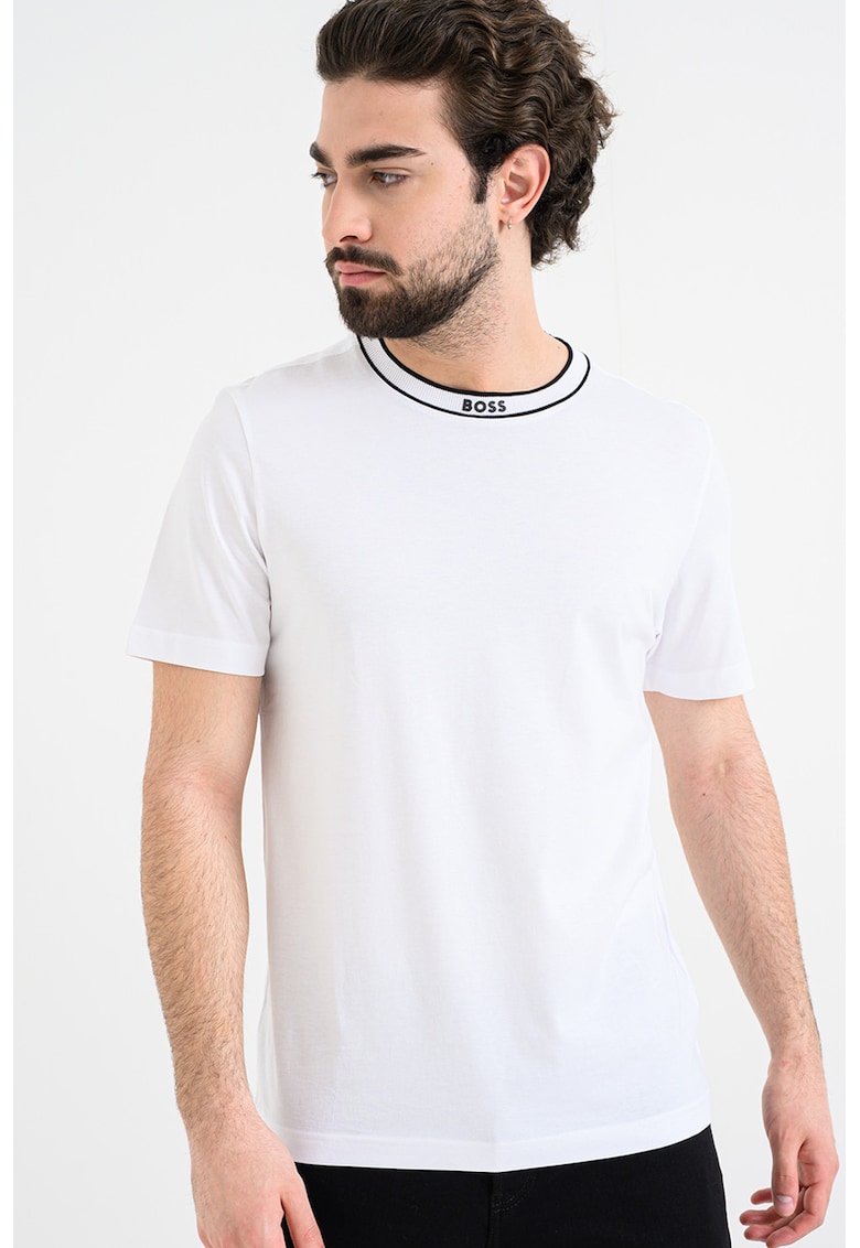 Tricou uni de bumbac cu decolteu la baza gatului - Negru/Alb optic