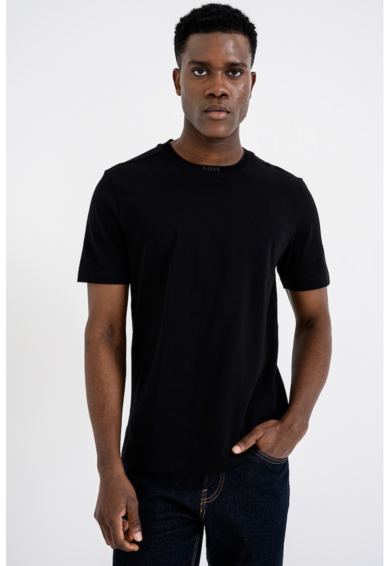 Tricou uni de bumbac cu decolteu la baza gatului - Negru