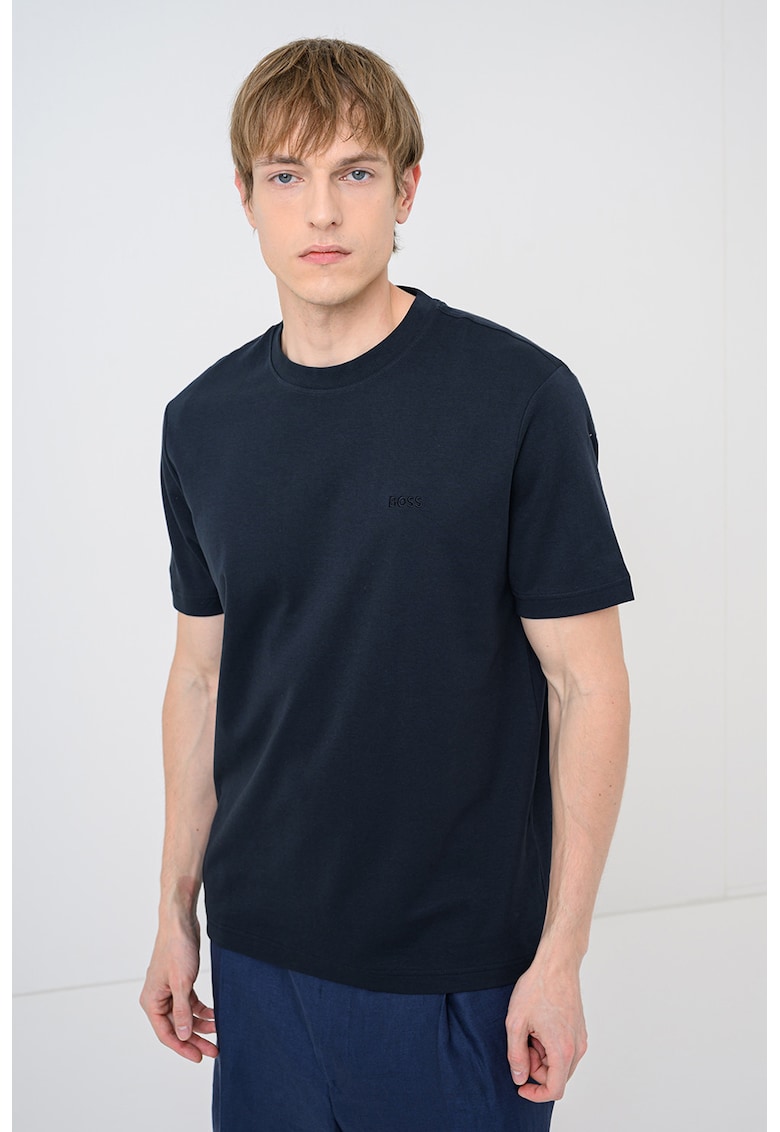 Tricou cu decolteu la baza gatului si logo brodat Interlock - Albastru ultramarin