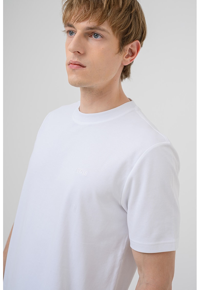 Tricou cu decolteu la baza gatului si logo brodat Interlock - Alb optic
