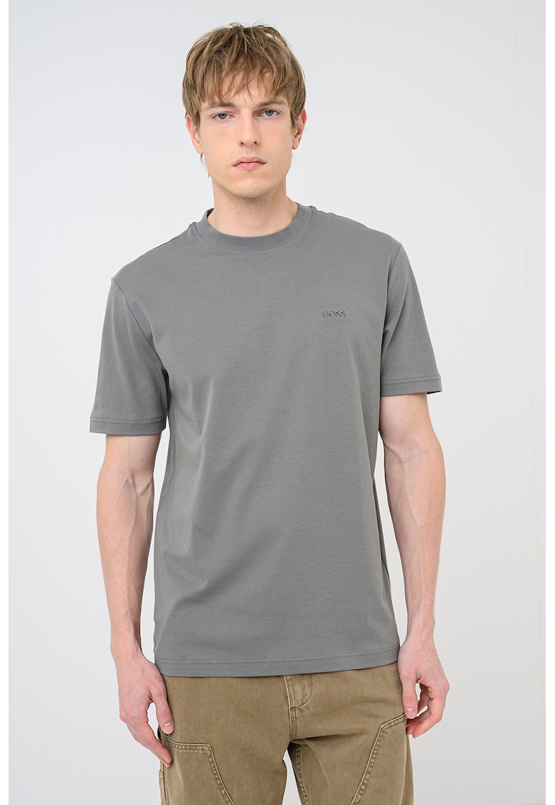 Tricou cu decolteu la baza gatului si logo brodat Interlock - Verde stins
