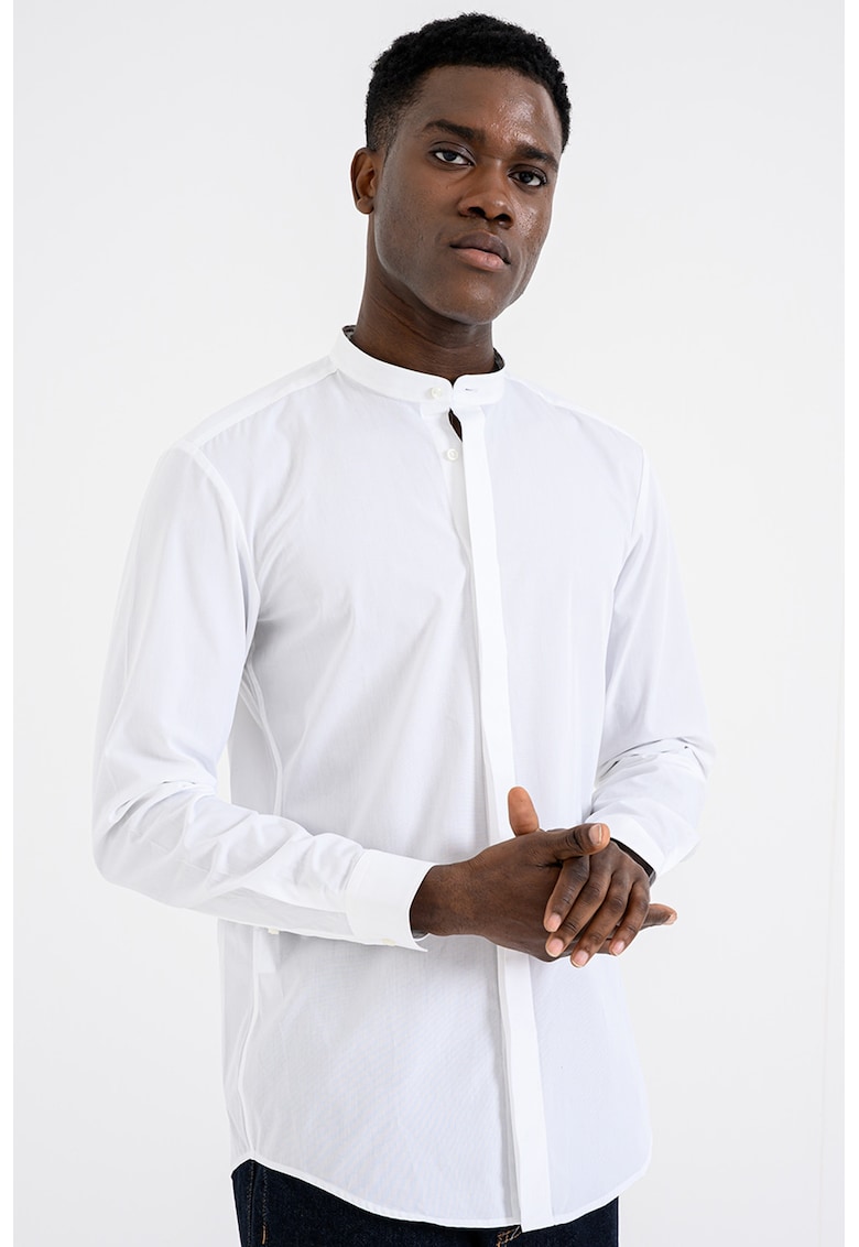 Camasa uni din bumbac cu guler Mao - Alb optic