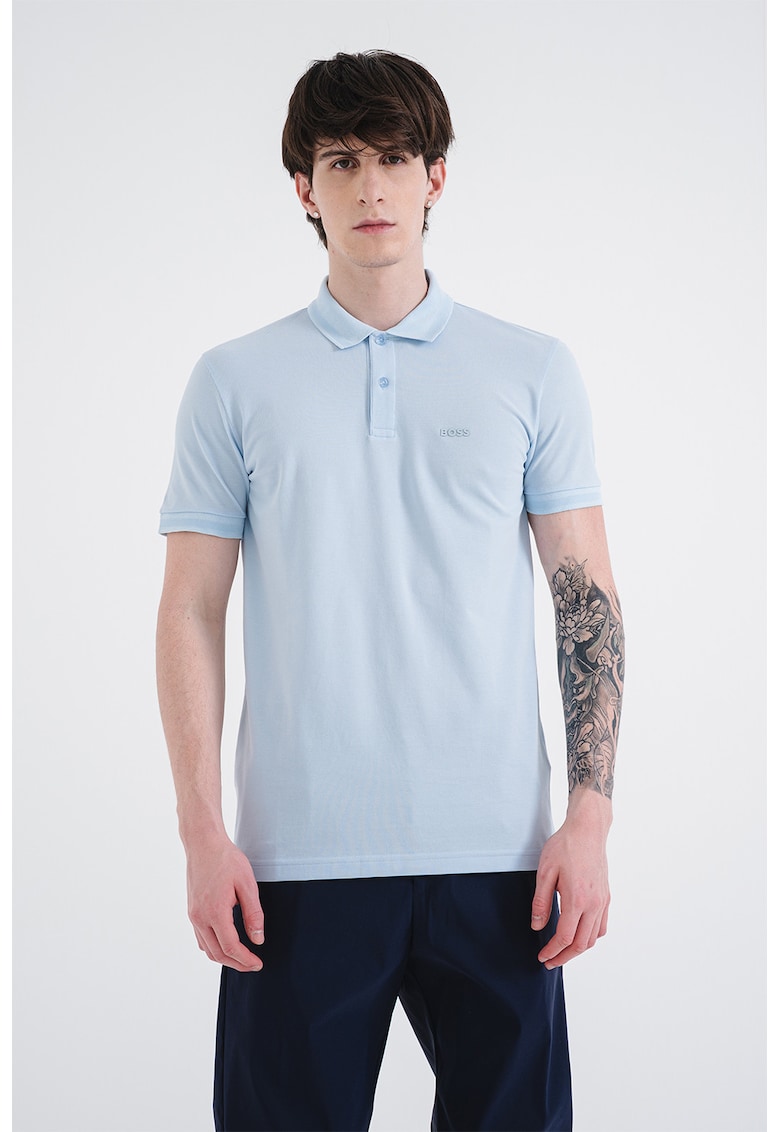 Tricou polo slim fit cu logo grafic - Albastru pastel