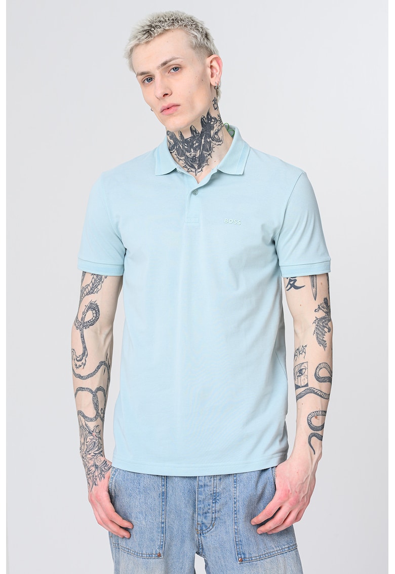 Tricou polo slim fit cu logo grafic - Verde pal