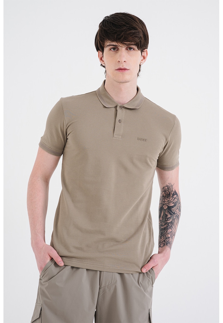 Tricou polo slim fit cu logo grafic - Maro pamantiu