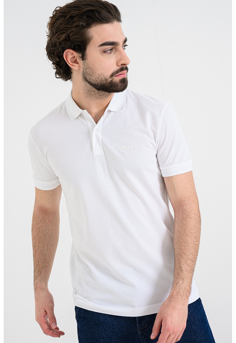 Tricou polo slim fit cu logo grafic - Alb optic