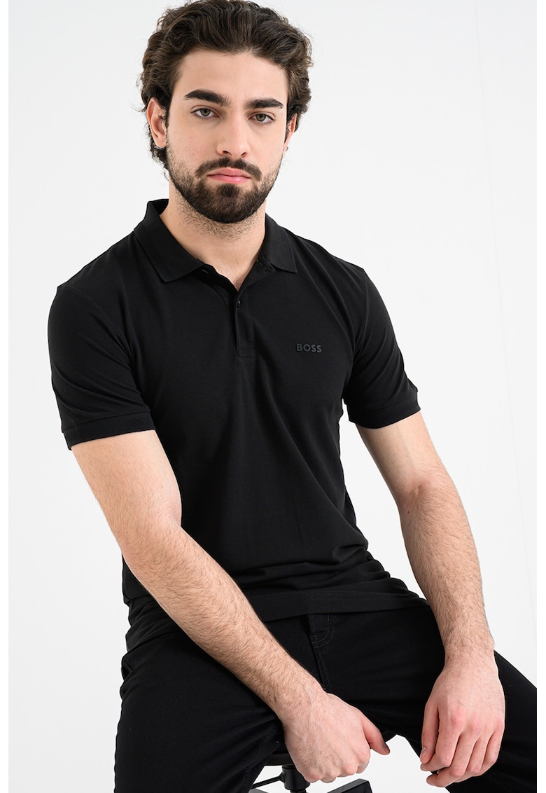 Tricou polo slim fit cu logo grafic - Negru
