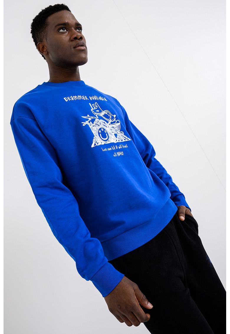 Bluza de trening cu imprimeu logo si maneci cazute - Alb/Albastru royal