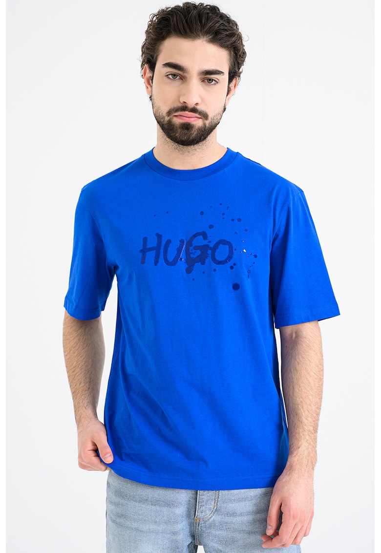 Tricou cu decolteu la baza gatului si imprimeu Noctornix - Albastru inchis/Albastru royal