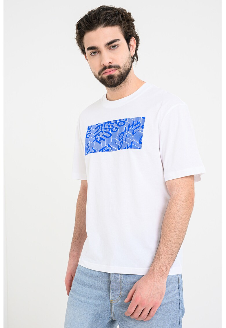 Tricou cu decolteu la baza gatului si imprimeu Noctornix - Alb/Albastru royal