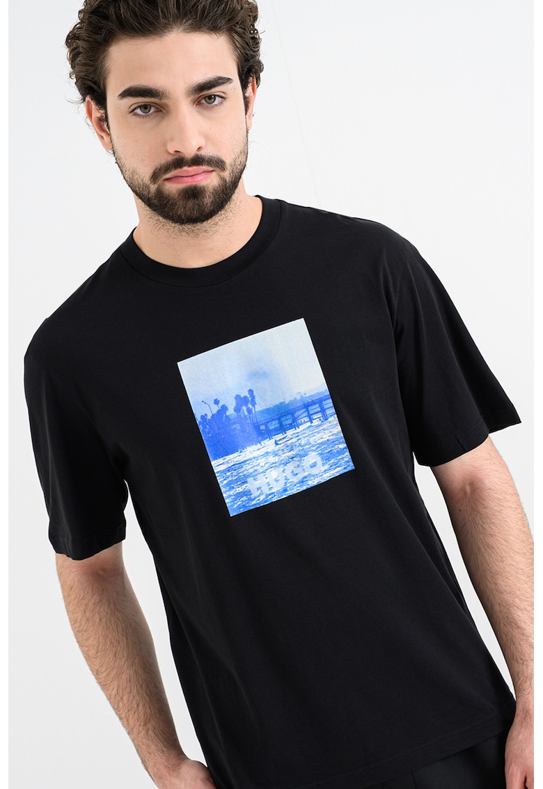 Tricou cu decolteu la baza gatului si imprimeu Noctornix - Negru/Albastru