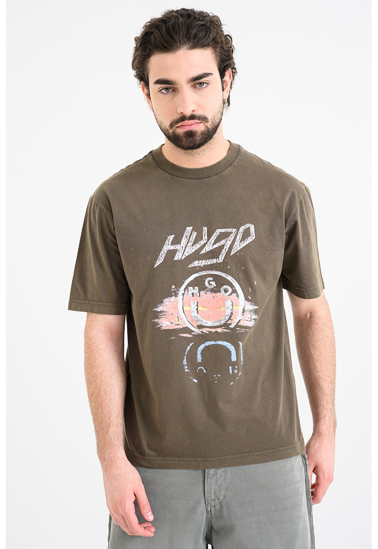 Tricou cu decolteu la baza gatului si imprimeu Noctornix - Alb/Roz somon/Kaki inchis