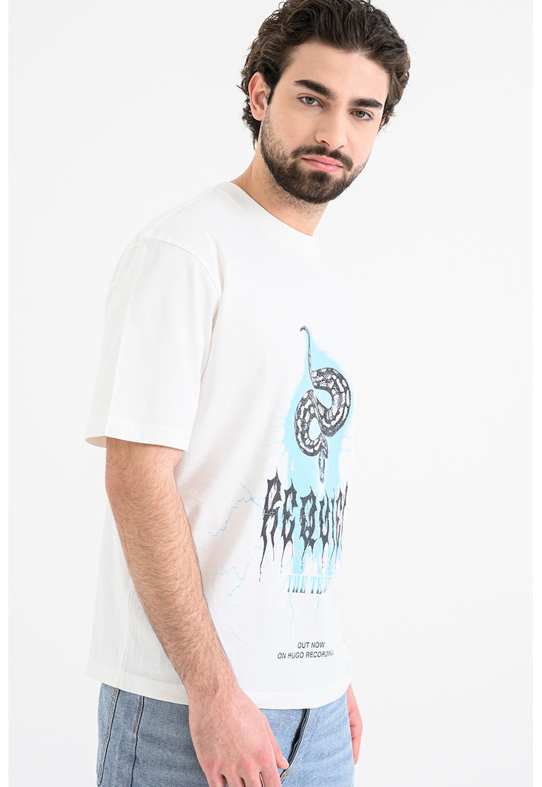 Tricou cu decolteu la baza gatului si imprimeu Noctornix - Alb/Negru/Albastru deschis