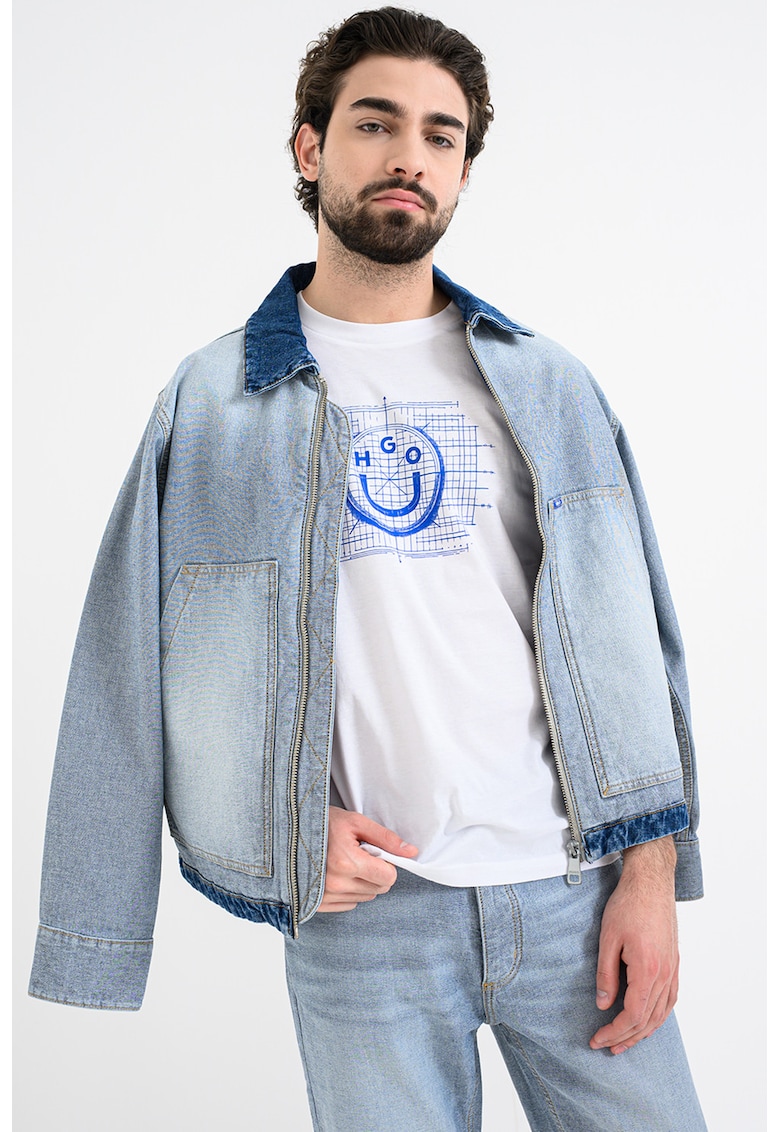 Tricou cu decolteu l abaza gatului si imprimeu Namerix - Alb murdar/Albastru