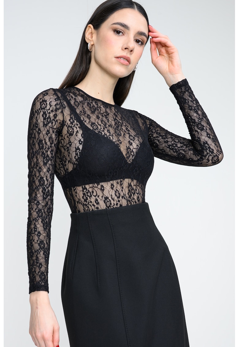 Body semitransparent cu maneci lungi - Negru