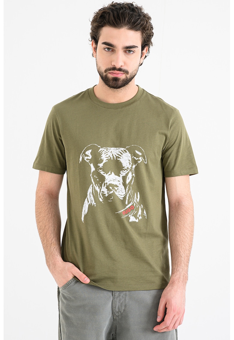 Tricou cu decolteu la baza gatului si design grafic Dubrox - Alb/Kaki inchis