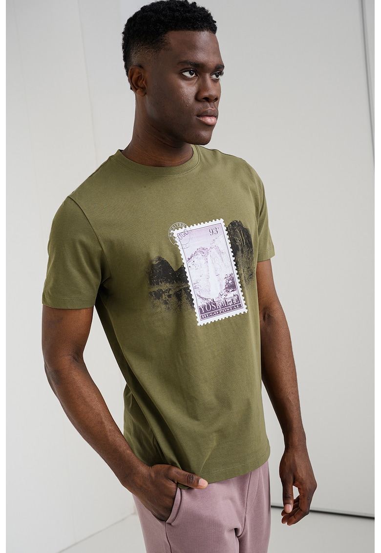 Tricou de bumbac cu imprimeu grafic Divalis - Alb/Kaki inchis