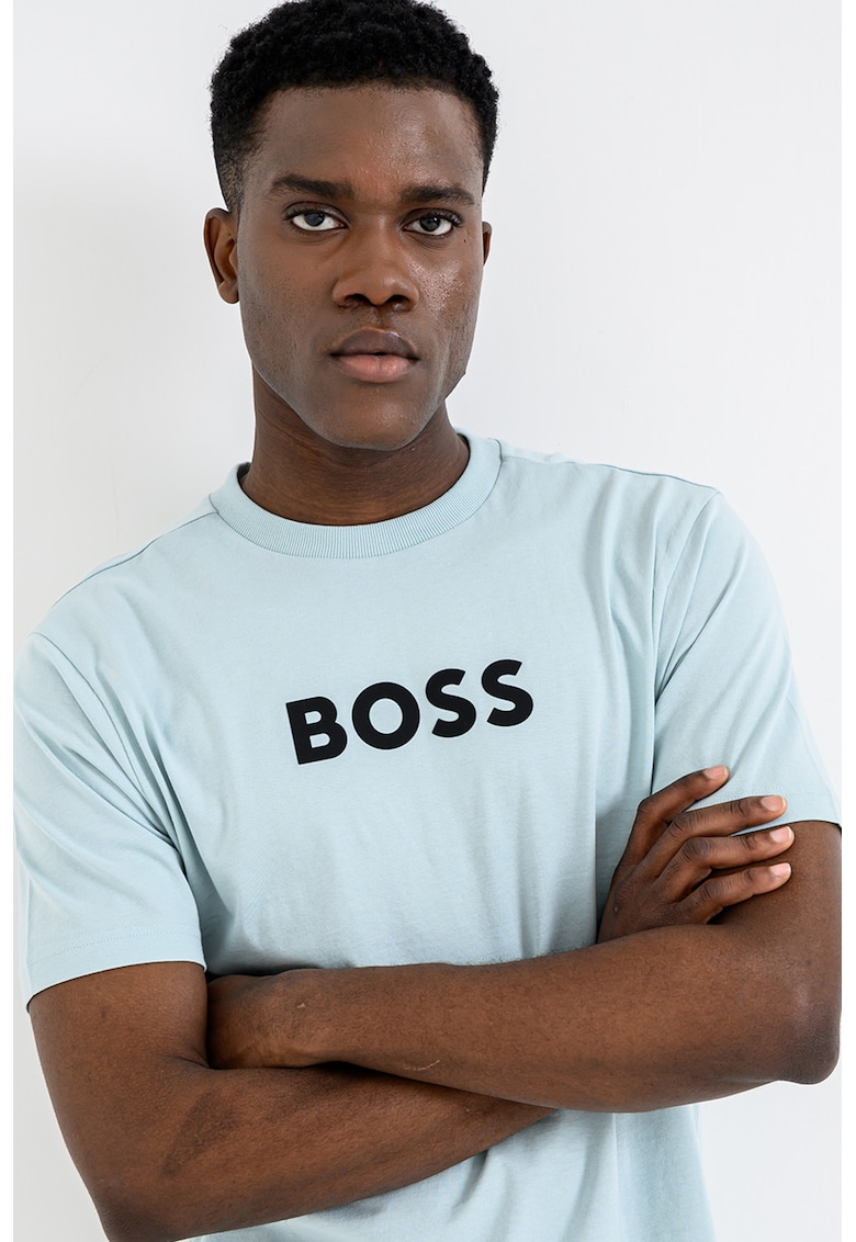 Tricou cu imprimeu logo si decolteu la baza gatului - Negru/Verde menta