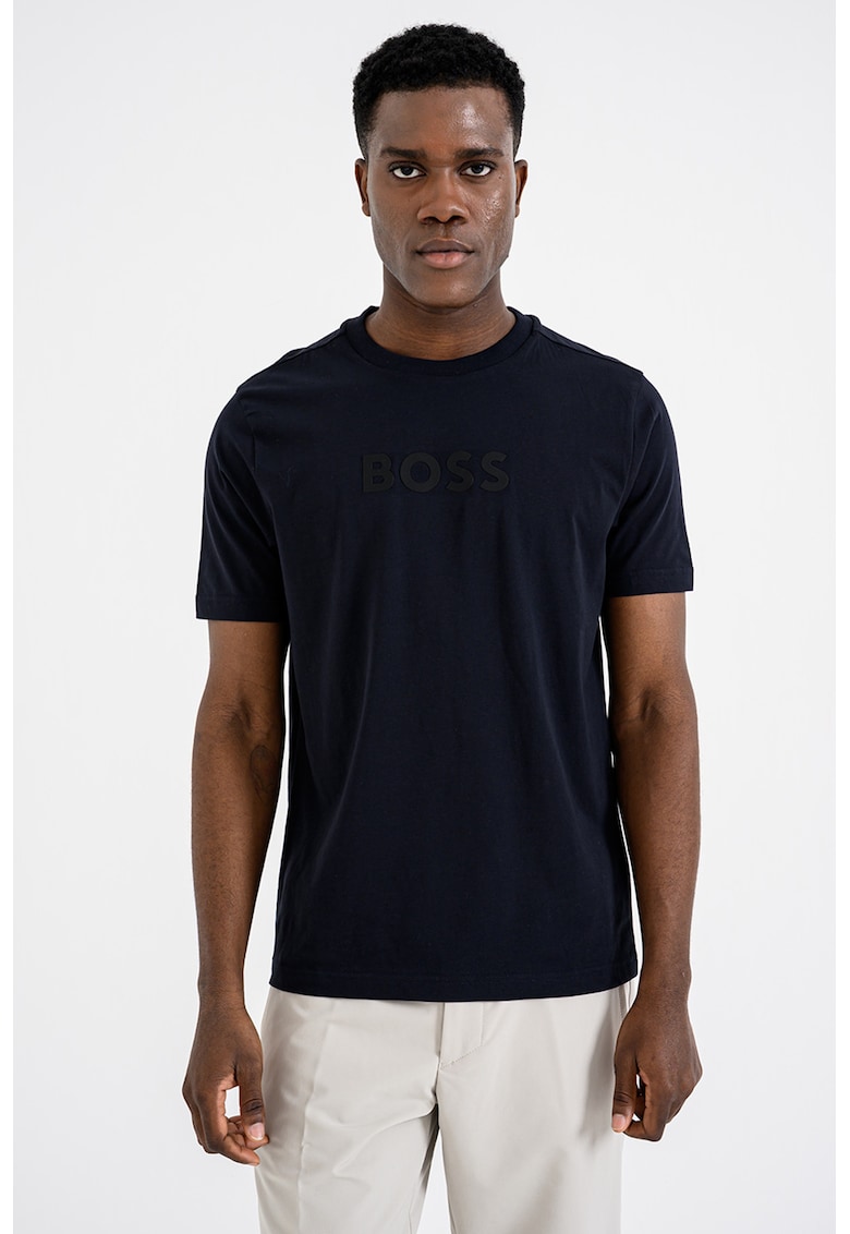 Tricou cu imprimeu logo si decolteu la baza gatului - Negru