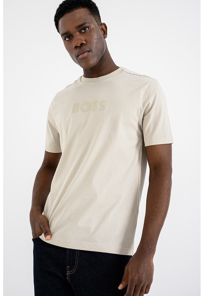 Tricou cu imprimeu logo si decolteu la baza gatului - Bej deschis