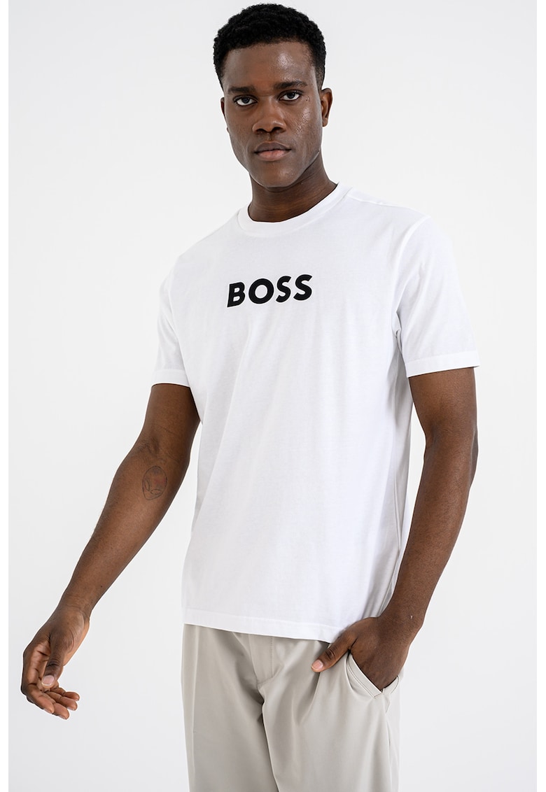 Tricou cu imprimeu logo si decolteu la baza gatului - Negru/Alb optic