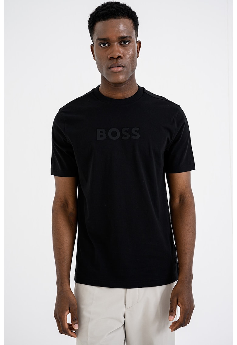 Tricou cu imprimeu logo si decolteu la baza gatului - Negru stins