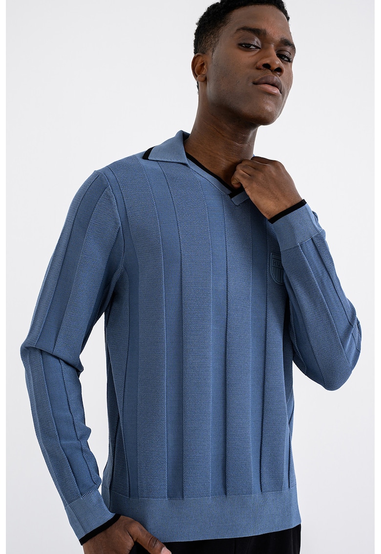 Pulover polo cu decolteu in V - Albastru prafuit