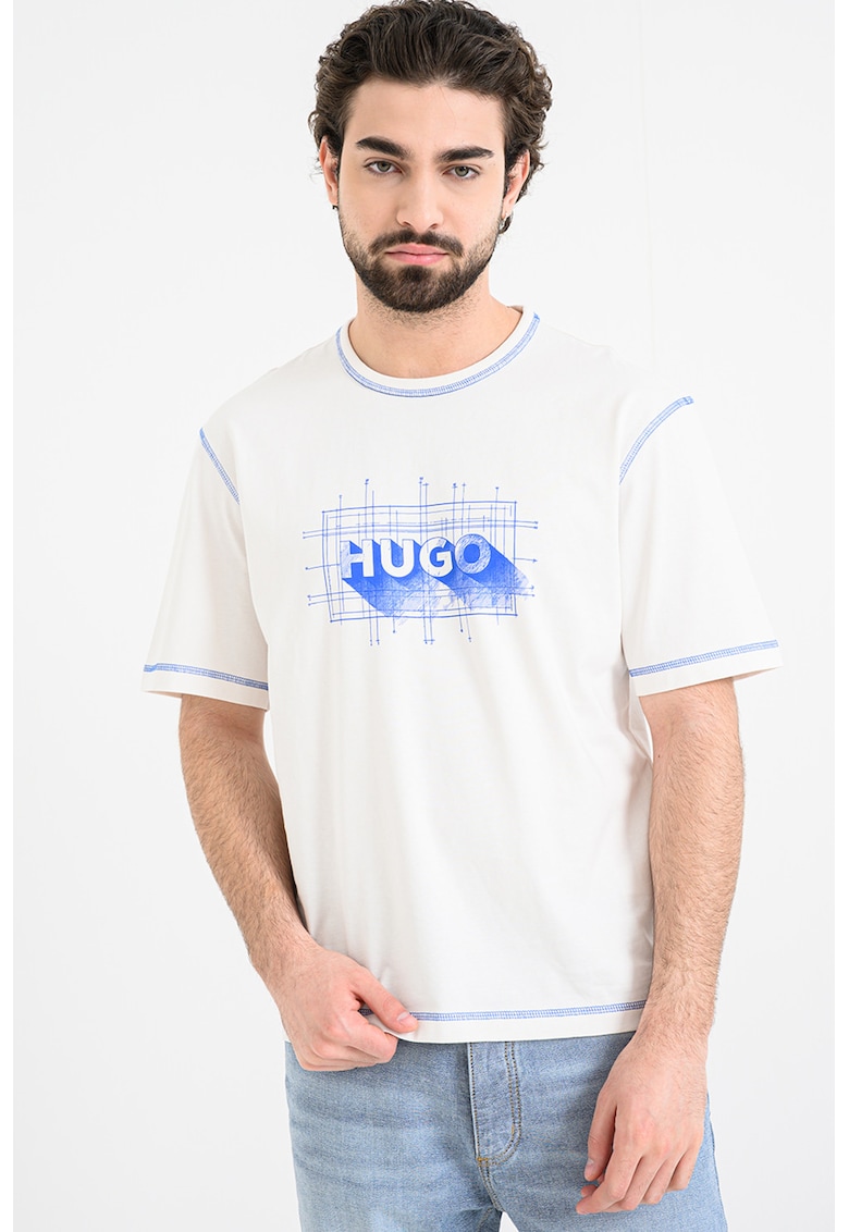 Tricou cu decolteu la baza gatului si logo Nothal - Alb murdar/Albastru