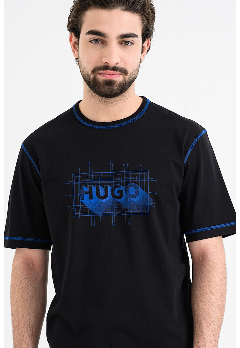 Tricou cu decolteu la baza gatului si logo Nothal - Negru/Albastru