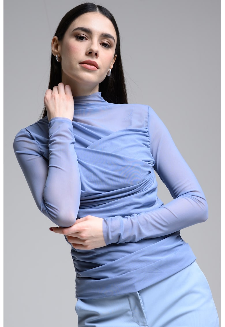 Bluza cu guler mediu si fronseu - Albastru prafuit