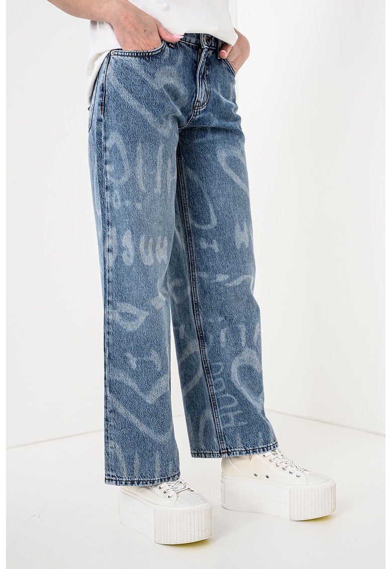 Blugi drepti cu logo si inimi Gamala - Albastru melange