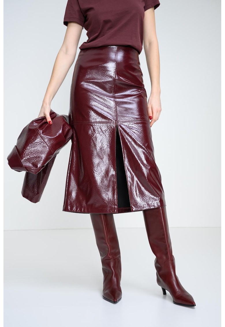 Fusta din piele ecologica cu slit pe partea din fata - Visiniu