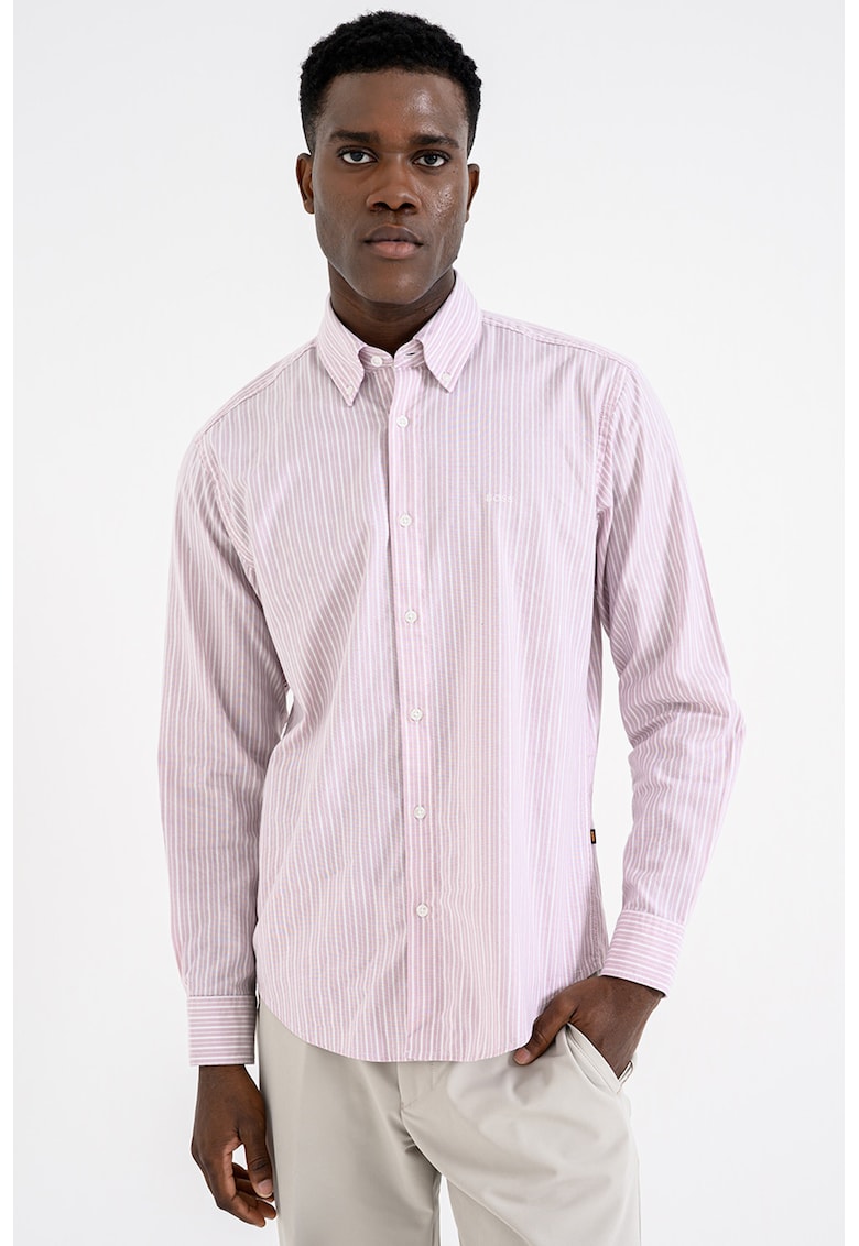 Camasa in dungi cu guler fixat cu nasturi - Alb/Roz prafuit