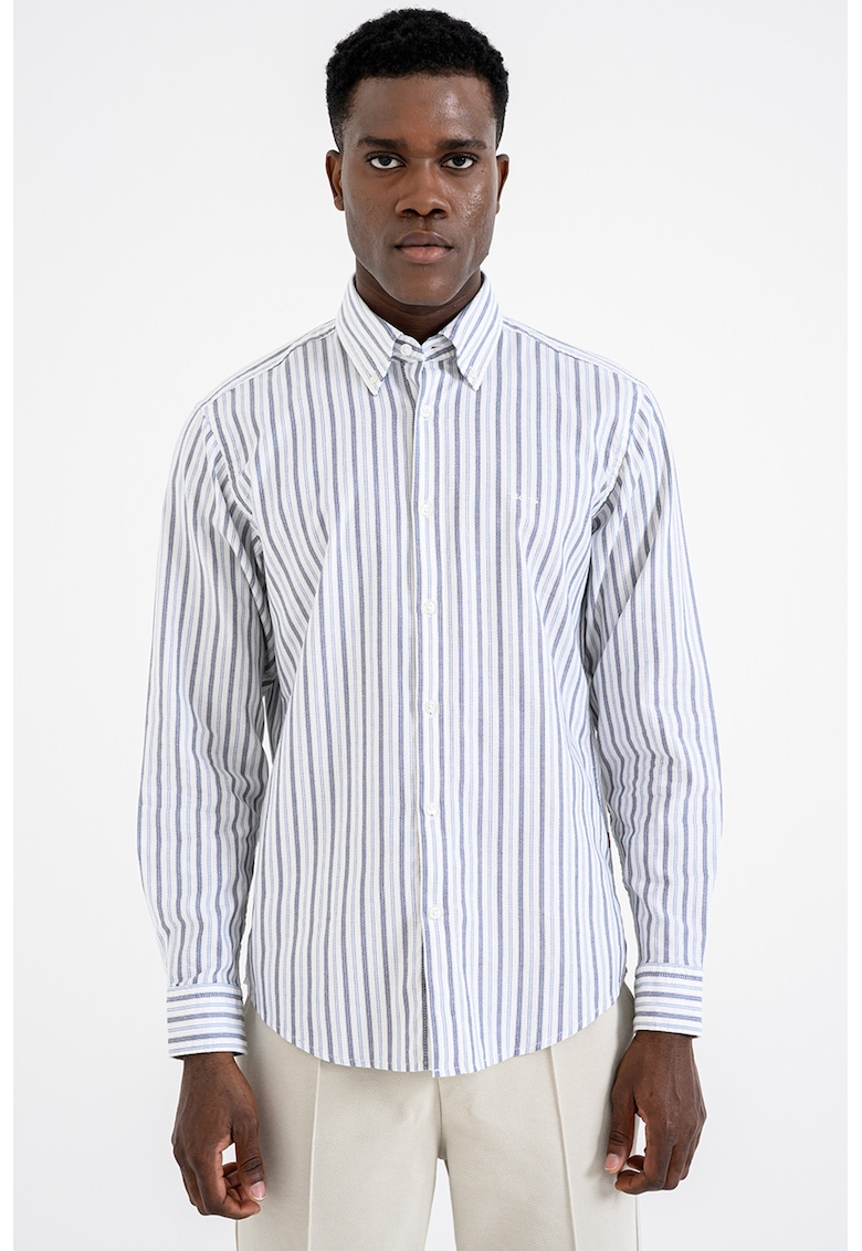 Camasa in dungi cu guler fixat cu nasturi - Alb/Albastru prafuit/Albastru pal